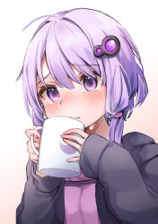 Rule 34 | 1girl, azumake (azumakei), black jacket, blush, closed mouth, crying, crying with eyes open, cup, dress, hair between eyes, hair ornament, highres, holding, holding cup, hood, hooded jacket, jacket, long sleeves, purple dress, purple eyes, purple hair, short hair with long locks, solo, tears, upper body, vocaloid, voiceroid, yuzuki yukari