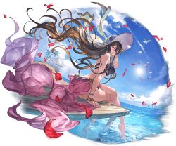 Rule 34 | 1girl, ass, bare legs, bare shoulders, barefoot, bikini, bird, bracelet, breasts, brown hair, closed mouth, cloud, cloudy sky, crossed legs, day, floral print, granblue fantasy, hat, jewelry, large breasts, lips, long hair, looking at viewer, looking back, minaba hideo, nail polish, ocean, official alternate costume, official art, outdoors, palm tree, petals, purple bikini, purple eyes, rosetta (granblue fantasy), rosetta (summer) (granblue fantasy), sarong, seagull, see-through, sitting, sky, solo, sun, sun hat, sunlight, swimsuit, transparent background, tree, very long hair, water
