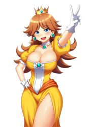Rule 34 | 1girl, blue eyes, blush, breasts, brown hair, cleavage, crown, davyonmartz, dress, gloves, grin, hand on own hip, highres, large breasts, legs, long hair, looking at viewer, mario (series), nintendo, princess daisy, side slit, smile, standing, super mario land, thick thighs, thighs, tomboy, v, white gloves, yellow dress