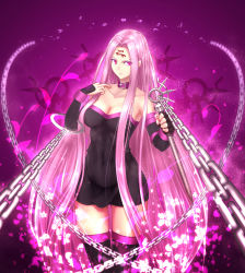 Rule 34 | 1girl, bare shoulders, breasts, broken, broken chain, buckle, chain, cleavage, collar, collarbone, covered navel, dagger, delicious p, dress, elbow gloves, facial mark, fate/stay night, fate (series), fingerless gloves, flower, forehead mark, gloves, highres, knife, lips, long hair, medusa (fate), medusa (rider) (fate), nameless dagger (fate), parted lips, petals, purple eyes, purple hair, solo, strapless, strapless dress, thighhighs, thighs, very long hair, weapon
