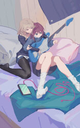 Rule 34 | 2girls, absurdres, black pantyhose, black sweater, blue eyes, blue sweater, blush, brown eyes, brown hair, cellphone, chinese commentary, closed mouth, commentary request, girls band cry, grey hair, guitar, highres, holding, holding guitar, holding instrument, indoors, instrument, iseri nina, kawaragi momoka, long hair, low twintails, multiple girls, no shoes, on bed, pantyhose, pantyhose under shorts, phone, pillow, short hair, short twintails, shorts, smartphone, socks, sweater, twintails, white socks, world (1257843324), yuri