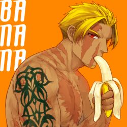 Rule 34 | 1boy, banana, beowulf (fate), blonde hair, fate/grand order, fate (series), food, male focus, satokumo, scar, topless male, solo, tattoo