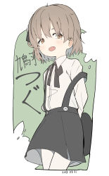 Rule 34 | 1girl, absurdres, arms behind back, beret, black ribbon, black skirt, border, brown eyes, brown hair, character name, collared shirt, colored inner hair, commentary request, cropped legs, dated, dress shirt, fang, green background, grey hair, hair ribbon, half-closed eyes, hat, hatoba tsugu, highres, holding, holding clothes, holding hat, long sleeves, looking at viewer, luke (dydansgur), mole, mole under eye, multicolored hair, neck ribbon, open mouth, outside border, pantyhose, ribbon, shirt, shirt tucked in, simple background, single hair ring, skin fang, skirt, solo, suspender skirt, suspenders, suspenders slip, tsugu (vtuber), unworn hat, unworn headwear, virtual youtuber, white border, white pantyhose, white shirt
