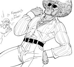 Rule 34 | 1boy, 1girl, afro, bb (baalbuddy), belt, commentary, elf, english commentary, english text, fashion, greyscale, hand up, heart, heart-shaped eyes, high-waist pants, highres, jewelry, long sleeves, male focus, monochrome, necklace, open clothes, open shirt, orc, original, pants, pointy ears, simple background, solo focus, sunglasses, tusks, white background