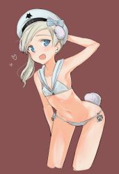 Rule 34 | 10s, 1girl, animal ears, aohashi ame, bikini, blue eyes, bow, cosplay, cropped legs, flat chest, hat, heart, highres, kantai collection, leaning forward, martina crespi, platinum blonde hair, red background, sailor bikini, sailor collar, side ponytail, simple background, solo, strike witches, string bikini, swimsuit, tail, white bikini, white hat, world witches series, z3 max schultz (kancolle), z3 max schultz (kancolle) (cosplay)