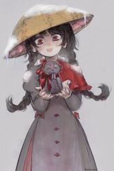 Rule 34 | 1girl, ajirogasa, artist name, black hair, braid, breath, capelet, commentary, dress, english commentary, grey background, grey dress, hands up, hat, holding, icicle, jizou, long earlobes, long hair, looking at viewer, red capelet, red eyes, simple background, sketch, smile, snow on headwear, svveetberry, touhou, translation request, twin braids, yatadera narumi
