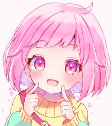 Rule 34 | 1girl, absurdres, aged down, gumi (framboise 5204), highres, long sleeves, multicolored clothes, multicolored sweater, ootori emu, open mouth, pink eyes, pink hair, project sekai, short hair, solo, sweater, white background, yellow sweater