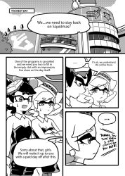 Rule 34 | 2girls, building, callie (splatoon), closed mouth, comic, crossed arms, detached collar, dress, earrings, english text, food, food on head, gloves, gomipomi, greyscale, highres, inkling, jewelry, long hair, looking at another, marie (splatoon), mole, mole under eye, monochrome, multiple girls, nintendo, object on head, open mouth, parted lips, pointy ears, short dress, short hair, short jumpsuit, splatoon (series), splatoon 1, strapless, sweatdrop, tentacle hair