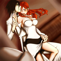 Rule 34 | arrancar, black hair, bleach, breasts, bridal gauntlets, brown eyes, cleavage, clothes pull, detached sleeves, green eyes, highres, inoue orihime, long hair, open mouth, red hair, skirt, skirt pull, torn clothes, ulquiorra cifer, xmath0522