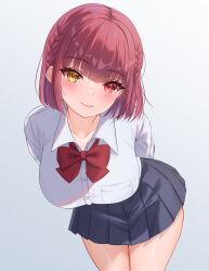 Rule 34 | 1girl, arms behind back, black skirt, blush, bow, bowtie, breasts, cleavage, closed mouth, collarbone, heterochromia, highres, holika baby, hololive, houshou marine, large breasts, looking at viewer, pleated skirt, red bow, red bowtie, red eyes, red hair, school uniform, shirt, short hair, skirt, smile, solo, thighs, virtual youtuber, white background, white shirt, yellow eyes