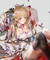 Rule 34 | 1girl, armpits, arms behind head, bare shoulders, black eyes, blush, boots, breasts, brown hair, commentary, detached sleeves, dionne dancing blade, flower, gauntlets, hair flower, hair ornament, liiko, long hair, looking at viewer, medium breasts, miniskirt, purple flower, shadowverse, simple background, single boot, sitting, sketch, skirt, smile, solo, thigh boots, thighhighs