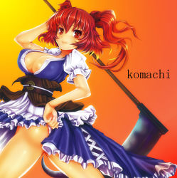 Rule 34 | 1girl, absurdres, bare legs, breasts, cleavage, dress, female focus, gradient background, hair bobbles, hair ornament, hand on own hip, highres, hip focus, large breasts, looking at viewer, onozuka komachi, red eyes, red hair, scythe, short hair, simple background, solo, teruru, touhou, twintails, two side up, weapon