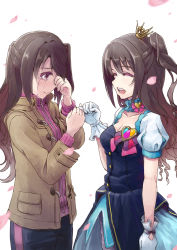 Rule 34 | 1girl, brown eyes, brown hair, commentary request, crying, dual persona, highres, idolmaster, idolmaster cinderella girls, kusugi tai, long hair, one side up, open mouth, pinky swear, revision, shimamura uzuki, smile, star!!