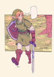 Rule 34 | belt, blank speech bubble, blonde hair, blue eyes, brown footwear, brown gloves, ear piercing, fairy, full body, gloves, grass, green hair, green tunic, highres, holding, holding shield, holding sword, holding weapon, link, master sword, michel teru, navi, nintendo, pantyhose, piercing, shield, speech bubble, sword, the legend of zelda, the legend of zelda: ocarina of time, tree, walking, weapon, white pantyhose