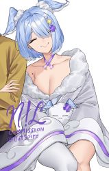 Rule 34 | 1boy, 1girl, ^ ^, absurdres, blue eyes, blue hair, breasts, cleavage, closed eyes, collarbone, commentary, commission, elira pendora, elira pendora (2nd costume), english commentary, famelira (elira pendora), fur trim, grey kimono, hair over one eye, head wings, highres, holding another&#039;s arm, japanese clothes, kimono, medium breasts, nijisanji, nijisanji en, nillith, official alternate costume, one eye covered, sitting, smile, solo focus, virtual youtuber, white background, wings