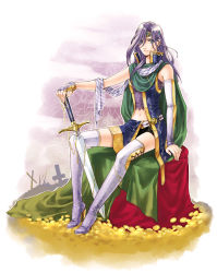 Rule 34 | 1990s (style), androgynous, awairo, blue eyes, boots, cape, detached sleeves, elbow gloves, faris scherwiz, final fantasy, final fantasy v, gender request, gloves, green eyes, high heels, highres, long hair, purple hair, reverse trap, satsuki yuu (awairo), shoes, solo, sword, thigh boots, thighhighs, weapon