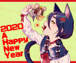 Rule 34 | 2020, 2girls, animal ears, black hair, brown hair, cat ears, cat tail, cheese, fangs, food, happy new year, heart, highres, holding, mini person, minigirl, mouse ears, multiple girls, new year, nikubou maranoshin, open mouth, original, spoken heart, tail, tongue, tongue out, twintails, vore