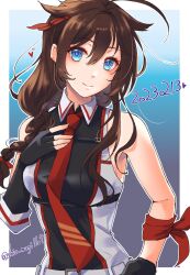 Rule 34 | 1girl, absurdres, ahoge, asymmetrical gloves, belt, black gloves, blue eyes, border, braid, brown hair, chest harness, closed mouth, dated, fingerless gloves, gloves, hair between eyes, hair flaps, harness, highres, kantai collection, long hair, neckerchief, one-hour drawing challenge, red neckerchief, shigure (kancolle), shigure kai san (kancolle), shiomugi (shio mugi1107), single braid, smile, solo, twitter username, upper body, white belt, white border