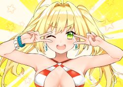 Rule 34 | 1girl, absurdres, ahoge, artist request, bad id, bad pixiv id, bare shoulders, bead bracelet, beads, bikini, blonde hair, blush, bracelet, breasts, cleavage, criss-cross halter, double v, earrings, emotional engine - full drive, fate/grand order, fate (series), green eyes, hair between eyes, hair intakes, halterneck, hands up, highres, jewelry, large breasts, long hair, looking at viewer, nero claudius (fate), nero claudius (fate) (all), nero claudius (swimsuit caster) (fate), one eye closed, open mouth, parody, red bikini, smile, solo, sparkle, striped background, striped bikini, striped clothes, swimsuit, twintails, v, yellow background