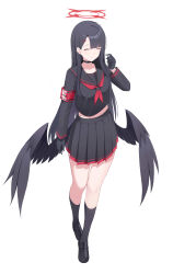 Rule 34 | 1girl, absurdres, armband, black choker, black footwear, black gloves, black hair, black sailor collar, black serafuku, black skirt, black socks, black wings, blue archive, blush, choker, closed eyes, closed mouth, commentary, feathered wings, full body, gloves, hair ornament, hairclip, halo, highres, ichika (blue archive), kuyoumi, long hair, long sleeves, low wings, neckerchief, pleated skirt, red armband, red halo, red neckerchief, safety pin, sailor collar, school uniform, serafuku, shoes, simple background, skirt, smile, socks, solo, white background, wings