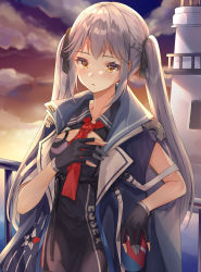 Rule 34 | 1girl, azur lane, black gloves, black ribbon, blue cloak, blue dress, blue hair, blush, braid, breasts, chinese commentary, cloak, clothes writing, cloud, collared dress, commentary request, cowboy shot, dress, essex (azur lane), french braid, gloves, gradient sky, guzangnanfeng, hair between eyes, hair ribbon, hand up, highres, lighthouse, long hair, looking at viewer, medium breasts, necktie, ocean, orange sky, outdoors, parted lips, partially fingerless gloves, purple sky, railing, red necktie, ribbon, sidelocks, sky, solo, standing, sunset, twintails, very long hair, yellow eyes