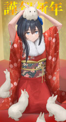 Rule 34 | 1girl, absurdres, animal, animal on head, arms up, text background, black hair, blue eyes, blue flower, closed mouth, commentary request, flower, fur collar, hair between eyes, hair bun, hair flower, hair ornament, happy new year, highres, japanese clothes, kimono, new year, obi, on head, original, rabbit, red kimono, sash, short sleeves, solo, sweat, uzurako, wide sleeves