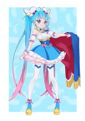 Rule 34 | 1girl, ahoge, blue eyes, blue hair, cacao (99chocolove99), cape, commentary request, cure sky, detached sleeves, earrings, full body, gloves, hirogaru sky! precure, jewelry, long hair, magical girl, precure, single sidelock, smile, solo, sora harewataru, standing, thighhighs, twintails, two-sided cape, two-sided fabric, undercut, very long hair, white gloves, wing hair ornament