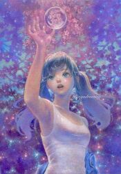 Rule 34 | 1girl, arm up, bare shoulders, blue eyes, blue hair, breasts, camisole, cherry blossoms, commentary request, highres, long hair, looking at object, oil painting (medium), open mouth, orb, original, painting (medium), ringodrawing, small breasts, solo, traditional media, twintails, upper body, white camisole