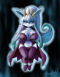 Rule 34 | absurdres, aivrotsiel, belly, breasts, cape, cleavage, creatures (company), crown, curvy, furry, furry female, game freak, gen 4 pokemon, glaceon, green eyes, highres, huge breasts, nintendo, pokemon, ponytail, shortstack, skindentation, thighhighs, thighs, wide hips