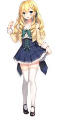 Rule 34 | 1girl, blonde hair, blush, bow, bowtie, collarbone, cropped jacket, detached sleeves, dress, drill hair, full body, green eyes, hair ornament, highres, holding, holding clothes, holding skirt, jacket, kawaguchiko takami, long hair, looking at viewer, mary janes, official art, onsen musume, open clothes, open jacket, open mouth, shoes, short dress, skirt, smile, solo, thighhighs, toosaka asagi, transparent background, white thighhighs, zettai ryouiki