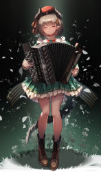 Rule 34 | 1girl, accordion, beret, blush, boots, brown footwear, brown hair, closed eyes, closed mouth, commentary, cross-laced footwear, dress, facing viewer, frilled dress, frills, full body, green dress, hair ornament, hair ribbon, hat, highres, holding, holding instrument, horns, instrument, leaf, music, original, playing instrument, pleated dress, pointy ears, red hat, red ribbon, ribbon, short hair, smile, solo, standing, yu ni t