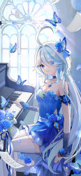 Rule 34 | 1girl, ahoge, alternate costume, arm garter, bare shoulders, bead necklace, beads, blue choker, blue dress, blue eyes, blue flower, blue hair, blue rose, brooch, bug, butterfly, choker, dress, flower, furina (genshin impact), genshin impact, hair flower, hair ornament, highres, indoors, insect, instrument, jewelry, laaaaaaaa, long hair, looking at viewer, multicolored hair, necklace, piano, rose, sheet music, sitting, smile, solo, strapless, strapless dress, streaked hair, thighhighs, thighs, very long hair, white hair, white thighhighs, window