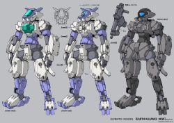 Rule 34 | 30 minutes missions, dated, ebikawa kanetake, eexm-s01u forestieri, grey background, gun, mecha, official art, open hands, robot, science fiction, standing, variations, visor, weapon