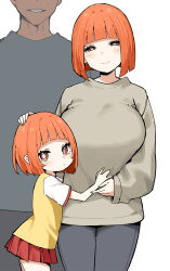 Rule 34 | 1boy, 2girls, alternate breast size, blunt bangs, breasts, brown eyes, commentary, daughter (yoru mac), family, family portrait, father (yoru mac), father and daughter, grey shirt, hand on another&#039;s head, head out of frame, highres, husband and wife, large breasts, long sleeves, looking at viewer, mature female, mcdonald&#039;s, mother (yoru mac), mother and daughter, multiple girls, orange hair, pleated skirt, red skirt, shirt, short hair, short sleeves, simple background, skirt, sky-freedom, smile, symbol-only commentary, white background, yellow shirt, yoru mac