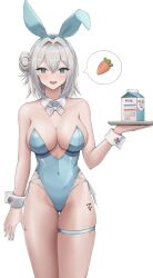 Rule 34 | 1girl, absurdres, alternate costume, animal ears, aqua leotard, azur lane, bare shoulders, blue eyes, breasts, carrot, cleavage, cowboy shot, detached collar, fake animal ears, grey hair, hair bun, highres, holding, holding tray, jade (azur lane), large breasts, leotard, looking at viewer, milk carton, playboy bunny, rabbit ears, short hair, simple background, solo, spoken food, strapless, strapless leotard, thigh strap, tio (005), tray, white background, wrist cuffs