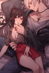 Rule 34 | 1boy, 1girl, absurdres, black hair, blush, breasts, choker, cleavage, cross, cross necklace, de da xianyu, ear piercing, earrings, heart, heart-shaped pupils, highres, iron cross, jewelry, long hair, looking at viewer, mole, necklace, no bra, original, pants, parted lips, piercing, pillow, pleated skirt, red eyes, red skirt, shirt, skirt, symbol-shaped pupils, teeth, unbuttoned, unbuttoned shirt