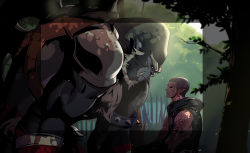Rule 34 | 1boy, ape, armor, bald, dungeon and fighter, fangs, forest, from side, keto cactus, light particles, looking at another, muscular, muscular male, nature, official art, pointy ears, red eyes, shadow, smile, summoner rhum (dungeon and fighter), tattoo, tree, yellow eyes