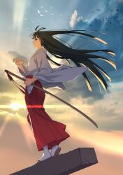 Rule 34 | 1girl, akamatsu ken, aoyama motoko, bird, black eyes, black hair, blue sky, blunt bangs, breasts, brown footwear, cloud, commentary, concrete, dusk, evening, floating clothes, floating hair, flock, from side, furisode, gradient sky, hair strand, hakama, hand up, highres, holding, holding sword, holding weapon, japanese clothes, katana, kimono, light rays, long hair, long sleeves, looking at viewer, looking to the side, love hina, messy hair, orange sky, outdoors, profile, red hakama, sandals, sheath, sheathed, sky, small breasts, socks, standing, sun, sunbeam, sunlight, sunset, sword, tabi, textless version, thighhighs, very long hair, weapon, white kimono, white socks, wind, wind lift, zouri