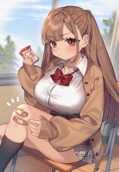 Rule 34 | 1girl, bandaid, bandaid on knee, bandaid on leg, blue sky, blush, bow, bowtie, breasts, brown cardigan, brown eyes, brown hair, cardigan, cloud, commentary request, day, grey skirt, highres, indoors, large breasts, long hair, long sleeves, original, plaid, plaid skirt, red bow, red bowtie, sakura yuki (clochette), shirt, sitting, skirt, sky, solo, sweatdrop, thighs, white shirt, window