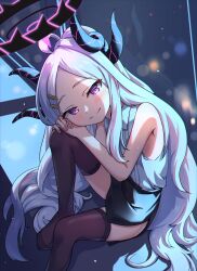Rule 34 | 1girl, absurdres, ahoge, black horns, black skirt, black thighhighs, blue archive, closed mouth, collared shirt, demon horns, flat chest, halo, highres, hina (blue archive), horns, long hair, looking at viewer, multiple horns, pencil skirt, purple eyes, shirt, skirt, sleeveless, sleeveless shirt, smile, solo, ssalyun, thighhighs, very long hair, white hair, white shirt