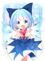 Rule 34 | 1girl, akisha, bad id, bad pixiv id, blue eyes, blue hair, bow, cirno, dress, hair bow, heart, heart-shaped pupils, highres, ice, looking at viewer, matching hair/eyes, open mouth, ribbon, short hair, smile, solo, symbol-shaped pupils, touhou, wings