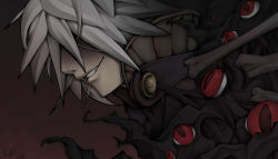Rule 34 | 1boy, bone, commentary, darkness, dated, demon, english commentary, extra eyes, grin, hair between eyes, hair over eyes, high collar, highres, kiel-d-01, male focus, ragnarok online, red eyes, short hair, signature, smile, solo, twai, upper body, white hair