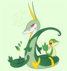 Rule 34 | arm at side, brown eyes, closed mouth, commentary request, creatures (company), game freak, gen 5 pokemon, green background, jaho, nintendo, no humans, orange eyes, pokemon, pokemon (creature), serperior, smile, snake, snivy, standing