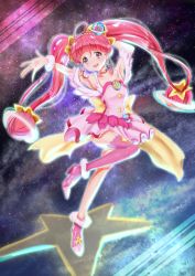 Rule 34 | 1girl, :d, absurdres, armpits, asymmetrical legwear, choker, collarbone, cure star, dress, floating hair, hair ornament, high heels, highres, hoshina hikaru, leg up, long hair, looking at viewer, mitaka, night, night sky, open mouth, outstretched arm, pink dress, pink eyes, pink footwear, pink hair, pink thighhighs, precure, short dress, single thighhigh, sky, sleeveless, sleeveless dress, smile, solo, standing, standing on one leg, star (sky), star twinkle precure, starry sky, thighhighs, twintails, uneven legwear, very long hair, wrist cuffs