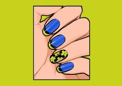 Rule 34 | blue nails, border, flower, green border, green flower, hand focus, highres, minillustration, multicolored nails, nail art, nail polish, original, reflection, shadow