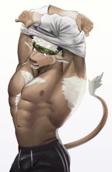 Rule 34 | 1boy, abs, absurdres, alternate costume, animal ears, armpits, arms up, bara, bare pectorals, brown fur, bulge, camouflage, camouflage headwear, casual, chest hair, cow ears, cow horns, cow tail, cowboy shot, furry, furry male, head tilt, headband, highres, horns, large pectorals, looking at viewer, male focus, minotaur, muscular, muscular male, navel, nipples, open mouth, pants, pectorals, purple eyes, purple horns, shennong (housamo), shirt, short hair, solo, stomach, sweatdrop, tail, tokuni (toktoktokuni), tokyo houkago summoners, track pants, undressing, unworn shirt, white background, white hair, white shirt