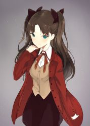 Rule 34 | 1girl, bad id, bad tumblr id, brown hair, eyebrows, fate/stay night, fate (series), green eyes, grey background, hair ribbon, long hair, looking at viewer, lpip, ribbon, simple background, skirt, smile, solo, tohsaka rin, two side up