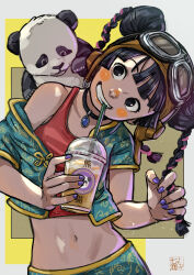 Rule 34 | 1girl, animal, animal on back, aviator cap, black eyes, black hair, blunt ends, blush, braid, chinese clothes, choker, choppy bangs, crop top, cup, disposable cup, double bun, drinking, drinking straw, goggles, goggles on headwear, grin, hair bun, head tilt, highres, holding, holding cup, leaning to the side, looking at viewer, mandarin collar, midriff, multicolored hair, nanami tomorou, navel, nose blush, original, panda, pendant choker, purple nails, short sleeves, single bare shoulder, smile, solo, streaked hair, twin braids