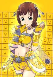 amami_haruka brown_hair fingerless_gloves gloves green_eyes hair_ribbon highres idolmaster idolmaster_(classic) mojipittan navel ribbon short_hair shorts solo sterndorf yellow_theme