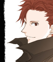 Rule 34 | 00s, 1boy, baccano!, brown coat, claire stanfield, coat, from side, gogono pan&#039;ya, looking at viewer, looking to the side, male focus, parted lips, red eyes, red hair, simple background, sketch, smile, solo, upper body, white background